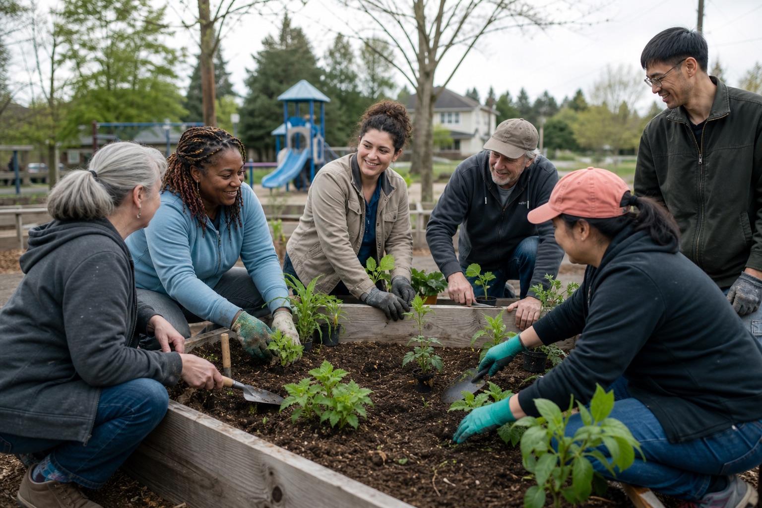 Representative scene of neighbors serving together in a community garden