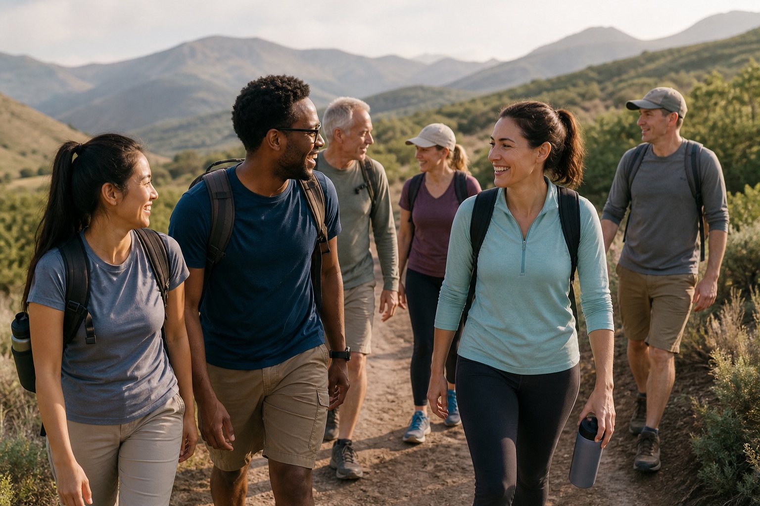 Representative scene of neighbors hiking together on a local trail