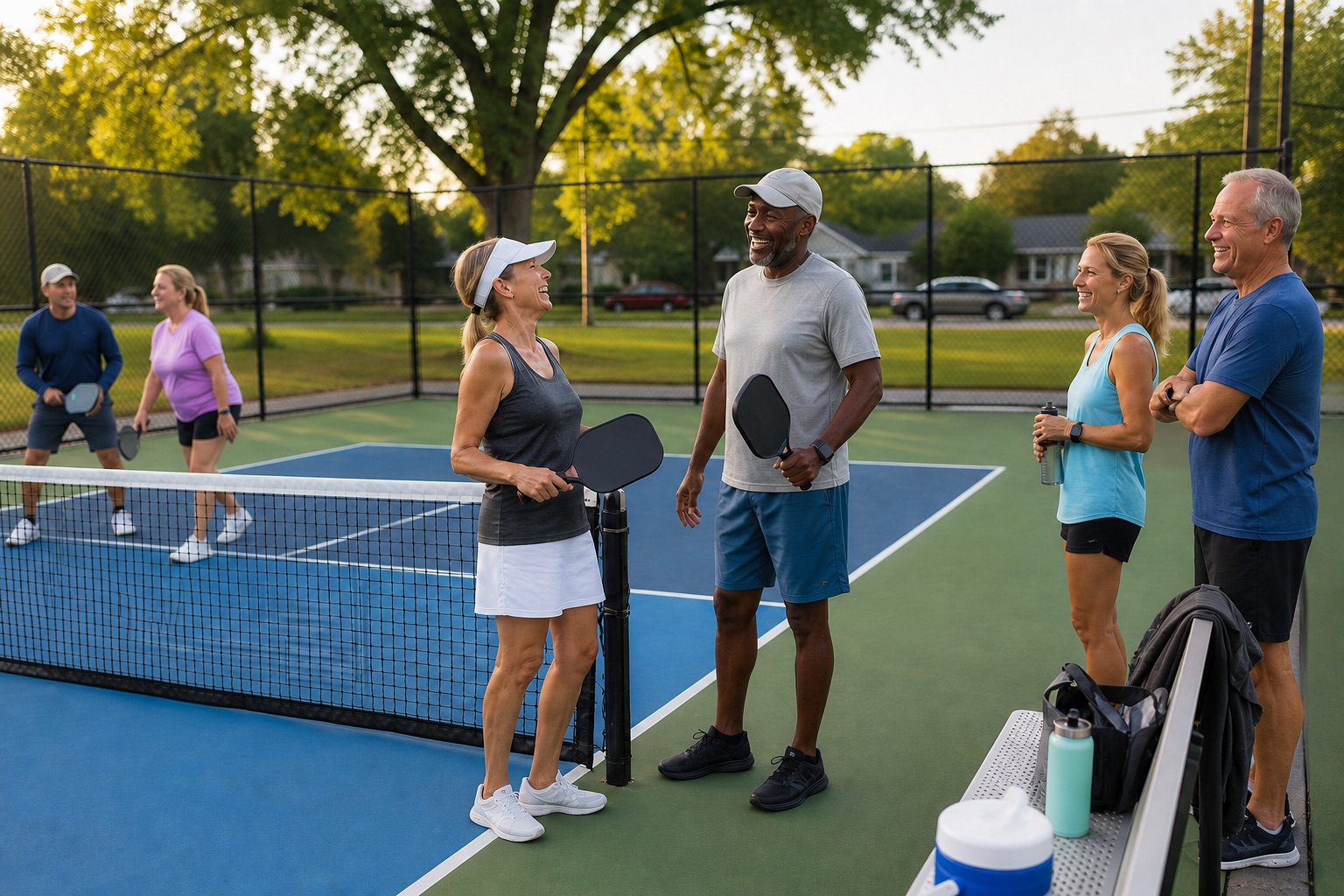 Representative scene of adults gathering for neighborhood pickleball